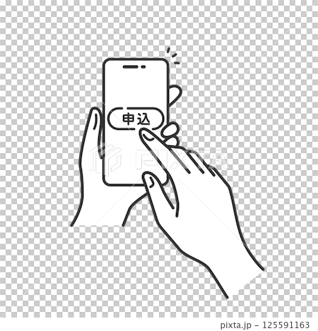 Operation icon of tapping the application button on a smartphone held in hand (line drawing, vector) 125591163