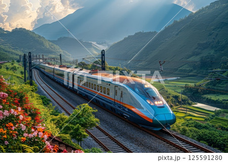 Modern high-speed train speeds through a picturesque valley, its aerodynamic design blending seamlessly with the lush greenery and distant mountains 125591280