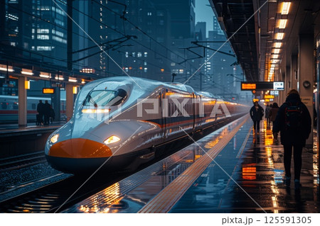 Sleek high-speed train pulls into a bustling train station in the evening, as passengers await its arrival Sleek high-speed train pulls into a bustling train station in the evening, as passengers await its arrival 125591305