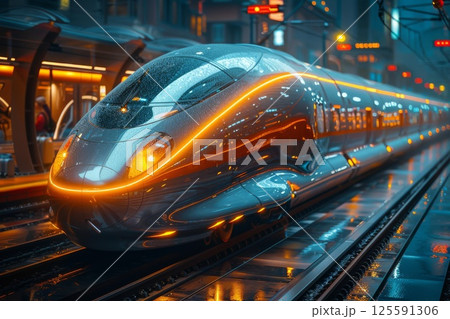Sleek, futuristic train with glowing lights sits on tracks in a city station. Its aerodynamic design and vibrant lighting showcase the advanced technology of modern transportation 125591306