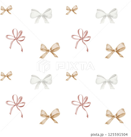 Watercolor seamless pattern with Bows and Ribbons in soft pastel beige colors. Illustration of party background for festival wrapping paper or childish textile design. Backdrop for celebration decor. 125591504