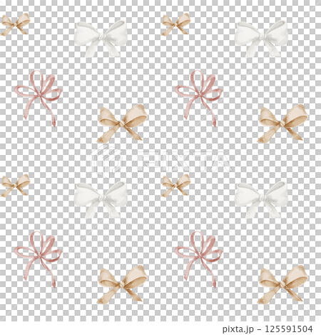 Watercolor seamless pattern with Bows and Ribbons in soft pastel beige colors. Illustration of party background for festival wrapping paper or childish textile design. Backdrop for celebration decor. 125591504