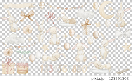Watercolor set with birthday Bunnies, clouds, balloons, stars and moon. Illustration of Rabbits for Baby shower invitations or childish Birthday greeting cards. Drawing with animals for kids. Watercolor set with birthday Bunnies, clouds, balloons, stars and moon. Illustration of Rabbits for Baby shower invitations or childish Birthday greeting cards. Drawing with animals for kids. 125591508