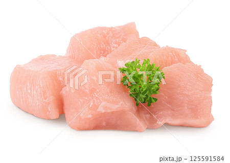 Raw diced chicken fillet isolated on white background with full depth of field. 125591584