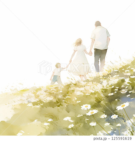 Family walking hand in hand through a flower field on a bright summer day, enjoying nature together 125591619