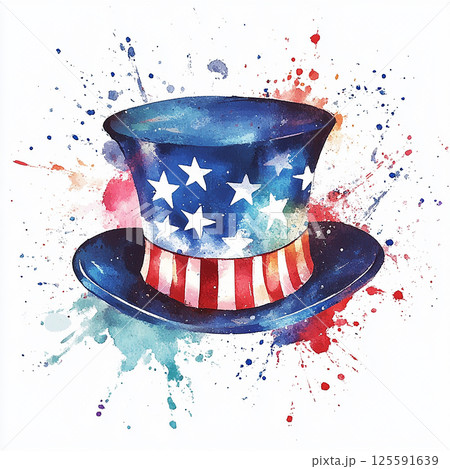 Festive top hat featuring red, white, and blue design with stars and stripes suitable for patriotic celebrations and events 125591639