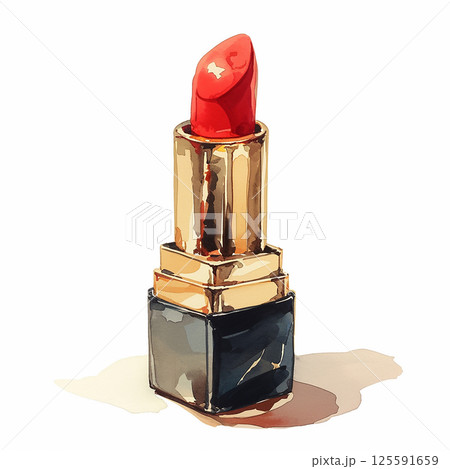 Bright red lipstick stands elegantly on a white surface in a stylish display highlighting beauty and cosmetics 125591659