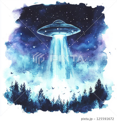 UFO hovering in a colorful galaxy with stars and cosmic clouds illuminating the night sky 125591672