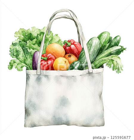 Fresh vegetables and fruits in a tote bag ready for a healthy meal at home 125591677
