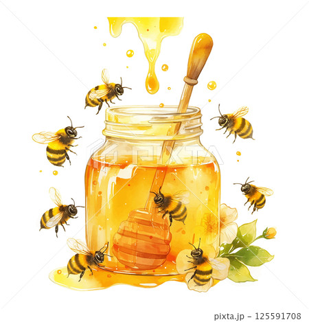Bees gathering around a jar of golden honey with a wooden dipper on a sunny day Bees gathering around a jar of golden honey with a wooden dipper on a sunny day 125591708