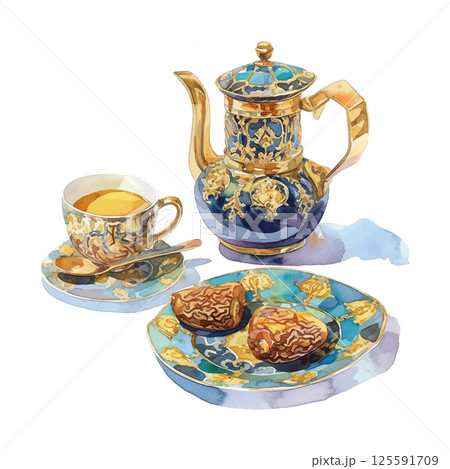 Exquisite tea set featuring ornate pot, cup, and treats on decorative plates in a refined dining setting Exquisite tea set featuring ornate pot, cup, and treats on decorative plates in a refined dining setting 125591709