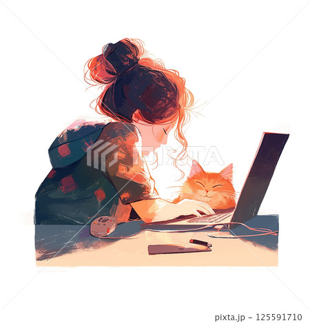 Cozy moments at home with a cat and laptop during a warm afternoon in a relaxed, creative workspace Cozy moments at home with a cat and laptop during a warm afternoon in a relaxed, creative workspace 125591710