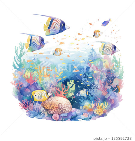 Colorful coral reef with tropical fish swimming in clear water during a vibrant underwater scene 125591728