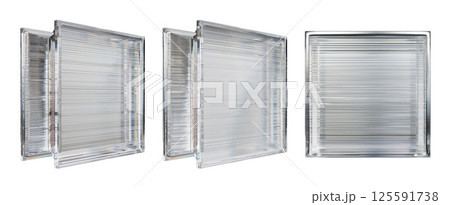 Transparent glass block for interior design. Aesthetic and modern shape of textured.  Building assortment for home, bathroom and office. 3D render 125591738
