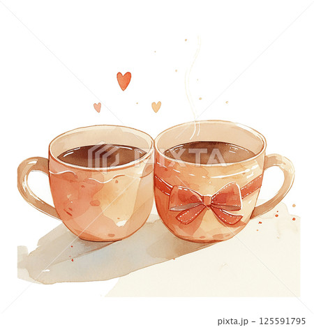Coffee cups with hearts symbolizing love and connection in a cozy setting 125591795