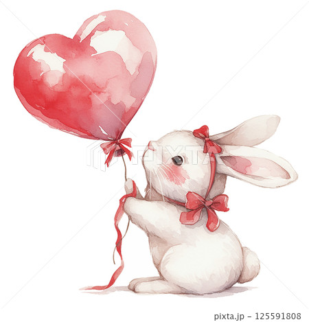 Cute bunny holding a heart-shaped balloon and displaying affection 125591808