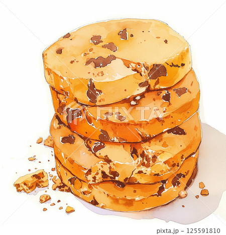 Deliciously baked chocolate chip cookies stacked high showcasing their golden brown color and tempting chocolate bits 125591810