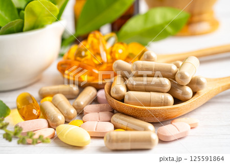 Alternative medicine herbal organic capsule drug herb. 125591864