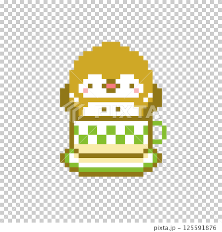 緑色のコーヒーカップと万歳する梟のドット絵 125591876