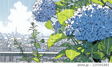 満開のアジサイと梅雨の雨
