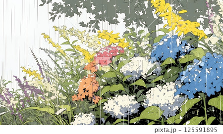 満開のアジサイと梅雨の雨