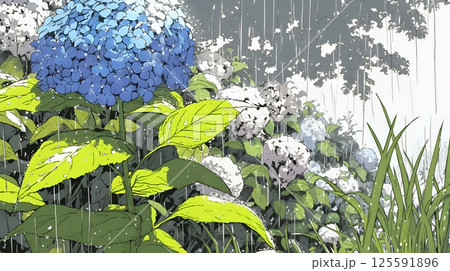 満開のアジサイと梅雨の雨