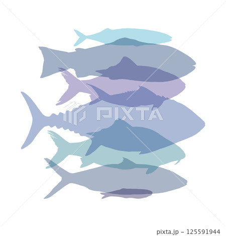 Vector illustration of fish silhouettes in blue and purple. Simple abstract shapes of tuna, herring, and trout swimming in one direction. For seafood designs, marine decor, and nature themed prints 125591944