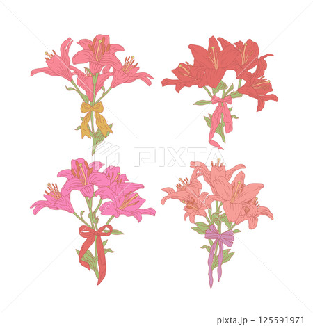 Hand drawn line art colorful lilies beautiful romantic bouquets set with cute bow knots Hand drawn line art colorful lilies beautiful romantic bouquets set with cute bow knots 125591971