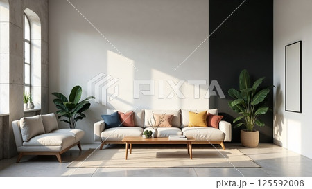 Scandinavian living room with beige sectional sofa and natural light 125592008