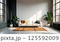 Scandinavian living room with beige sectional sofa and natural light 125592009