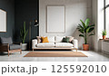 Scandinavian living room with beige sectional sofa and natural light 125592010