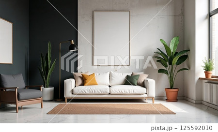 Scandinavian living room with beige sectional sofa and natural light 125592010