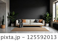 Modern living room interior with white sofa, black wall and indoor plants 125592013