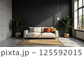 Modern living room interior with white sofa, black wall and indoor plants 125592015