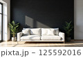 Modern living room interior with white sofa, black wall and indoor plants 125592016