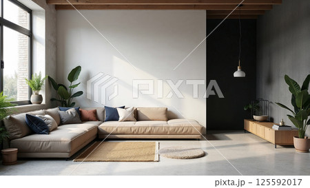 Scandinavian living room with beige sectional sofa and natural light 125592017