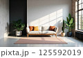 Scandinavian living room with beige sectional sofa and natural light 125592019