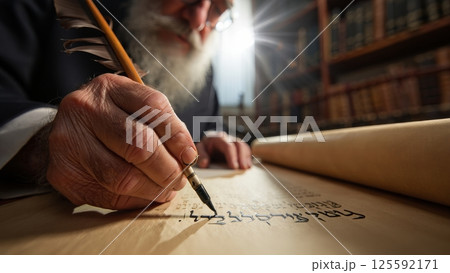 Jewish Rabbi Handwriting a Torah Scroll in a Sunlit Study, Sacred Calligraphy Jewish Rabbi Handwriting a Torah Scroll in a Sunlit Study, Sacred Calligraphy 125592171