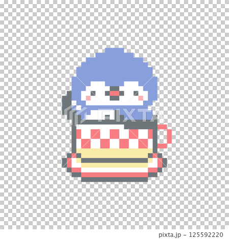 Pixel art of a red coffee cup and an owl raising its hand 125592220