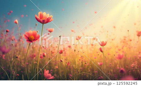 Artistic Abstract Background of Spring and Summer Flowers in Grass" 125592245