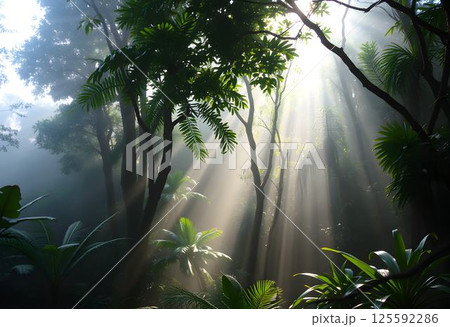 Misty Jungle with Lush Greenery and Soft Sunlight 125592286