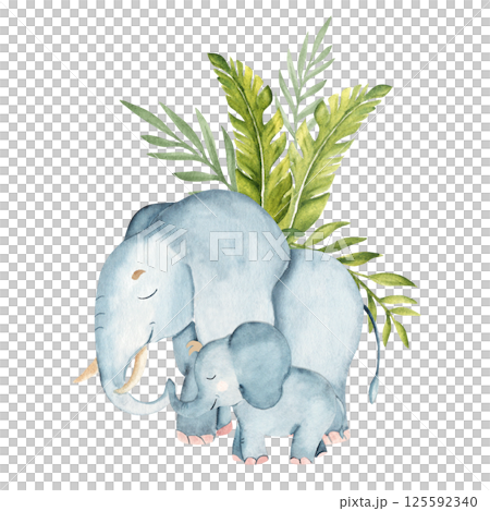 Elephant Family with Tropical leaves. Baby elephant is hugging its mom or dad by the trunk. Hand drawn watercolor Safari animals illustration isolated on a white background. Happy mothers day, Happy Elephant Family with Tropical leaves. Baby elephant is hugging its mom or dad by the trunk. Hand drawn watercolor Safari animals illustration isolated on a white background. Happy mothers day, Happy 125592340