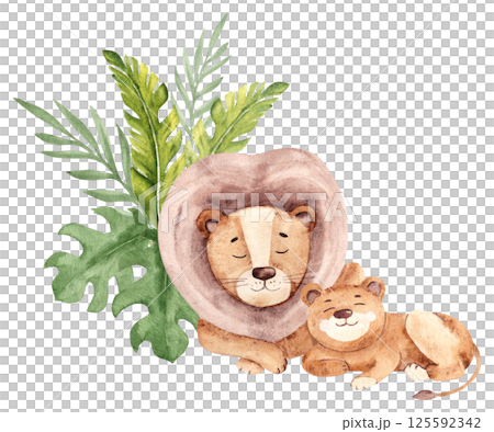 Cute lion dad with his cub lying in Tropical leaves. Fathers Day Illustration. Watercolor hand drawn Safari animals Composition. Perfect for cards and posters, clothes prints and wallpaper design. 125592342