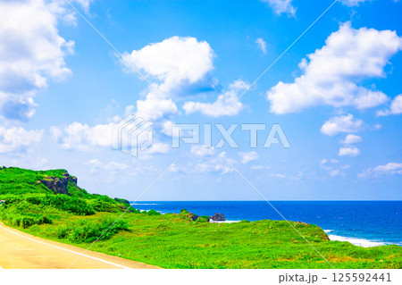 宮古島の有名観光地で南国バカンス・東平安名埼の崖や道から覗く青い海と津波石・津波岩（沖縄県宮古島市） 125592441