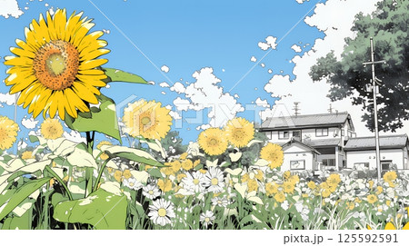 満開のひまわりと真夏の青空