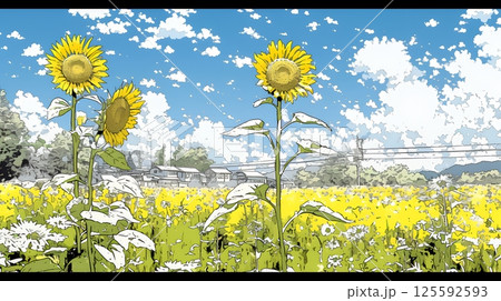 満開のひまわりと真夏の青空