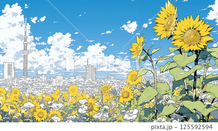 満開のひまわりと真夏の青空