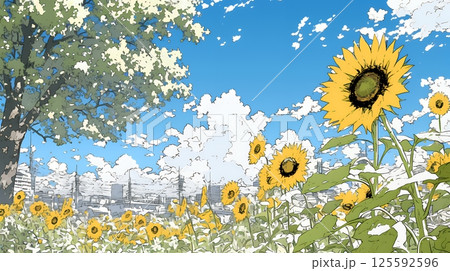 満開のひまわりと真夏の青空