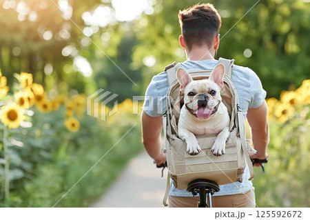 ひまわり畑を自転車で駆けるフレンチブルドッグと飼い主 ひまわり畑を自転車で駆けるフレンチブルドッグと飼い主 125592672