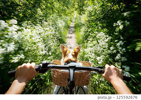 緑の小道を自転車で駆けるコーギー 125592676
